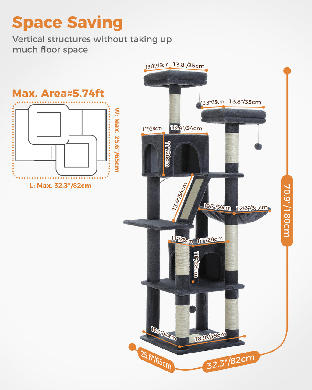 Space-saving infographic of charcoal-grey 180cm cat tree with footprint plan, two condos and ramp
