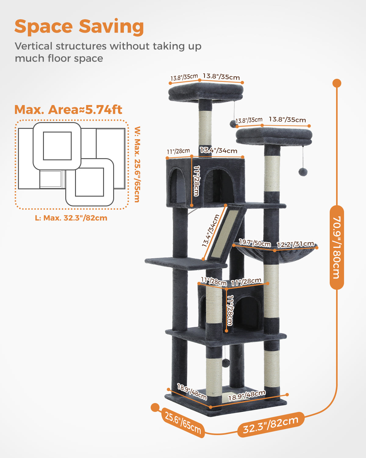 Space-saving infographic of charcoal-grey 180cm cat tree with footprint plan, two condos and ramp