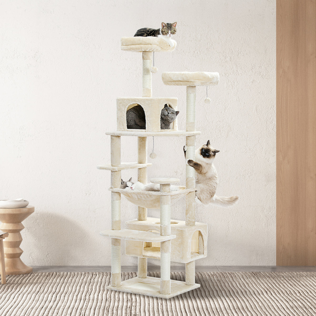 Beige 184cm cat tree with tabby on top perch, grey cat in upper condo, point cat climbing sisal, cat in hammock