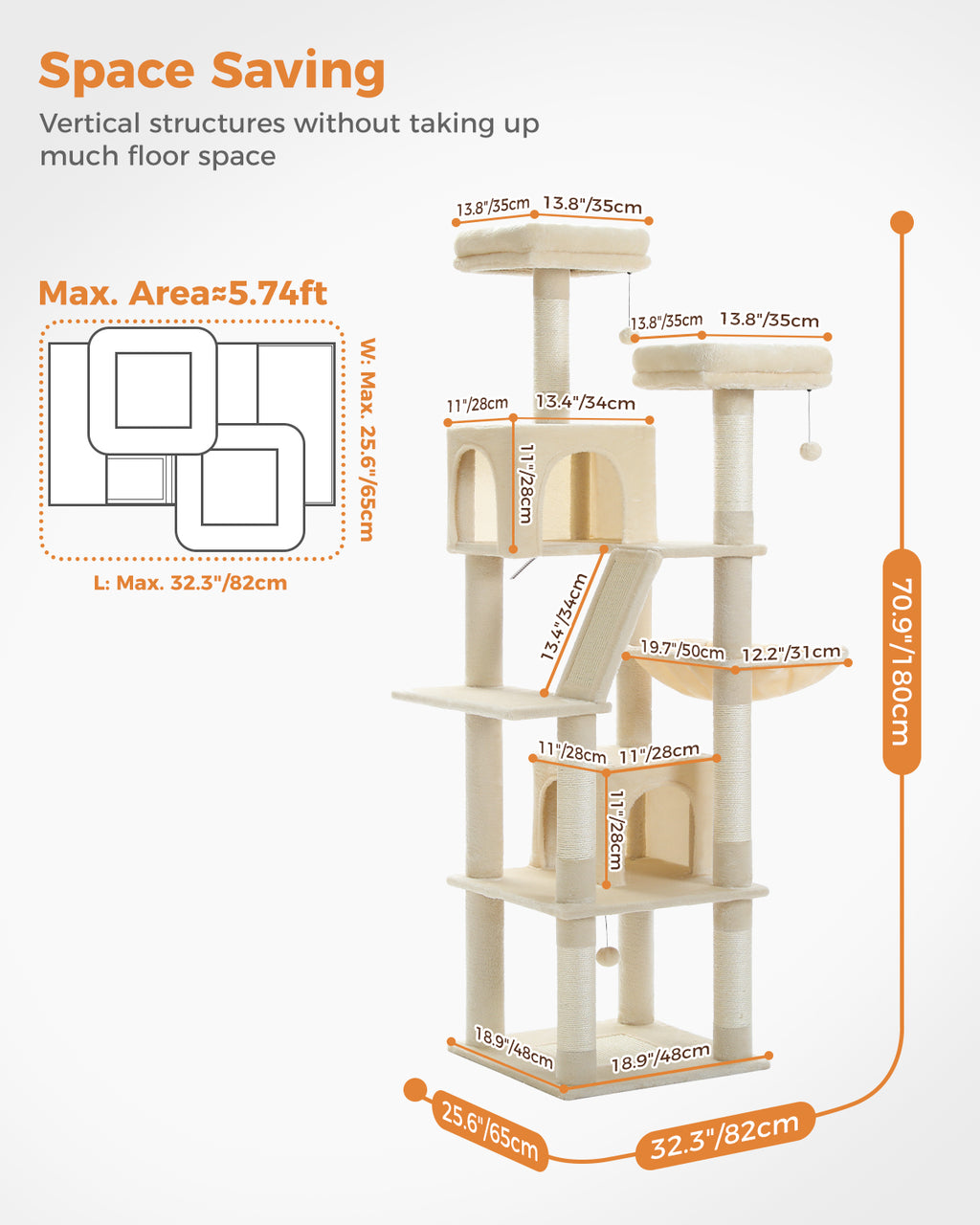 Space-saving infographic of beige 180cm cat tree with footprint plan, two condos, hammock and ramp
