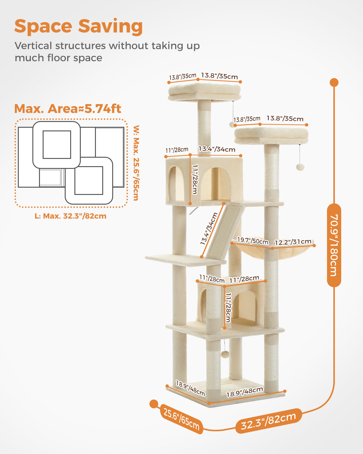 Space-saving infographic of beige 180cm cat tree with footprint plan, two condos, hammock and ramp