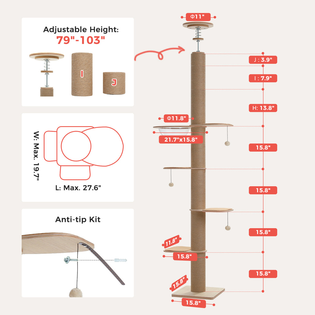 Dimension diagram of beige adjustable cat tree showing 79 to 103 inch height range and anti-tip kit