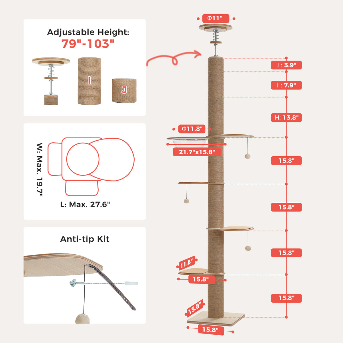 Dimension diagram of beige adjustable cat tree showing 79 to 103 inch height range and anti-tip kit