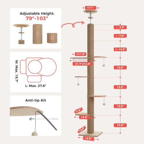 Dimension diagram of beige adjustable cat tree showing 79 to 103 inch height range and anti-tip kit