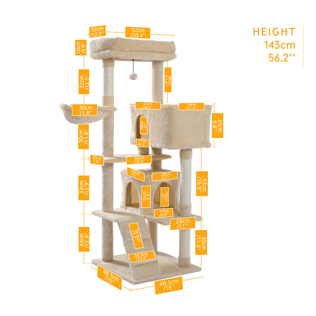 Full dimension diagram of the 143cm cat tower with two condos, side hammock and top perch and cm inch labels