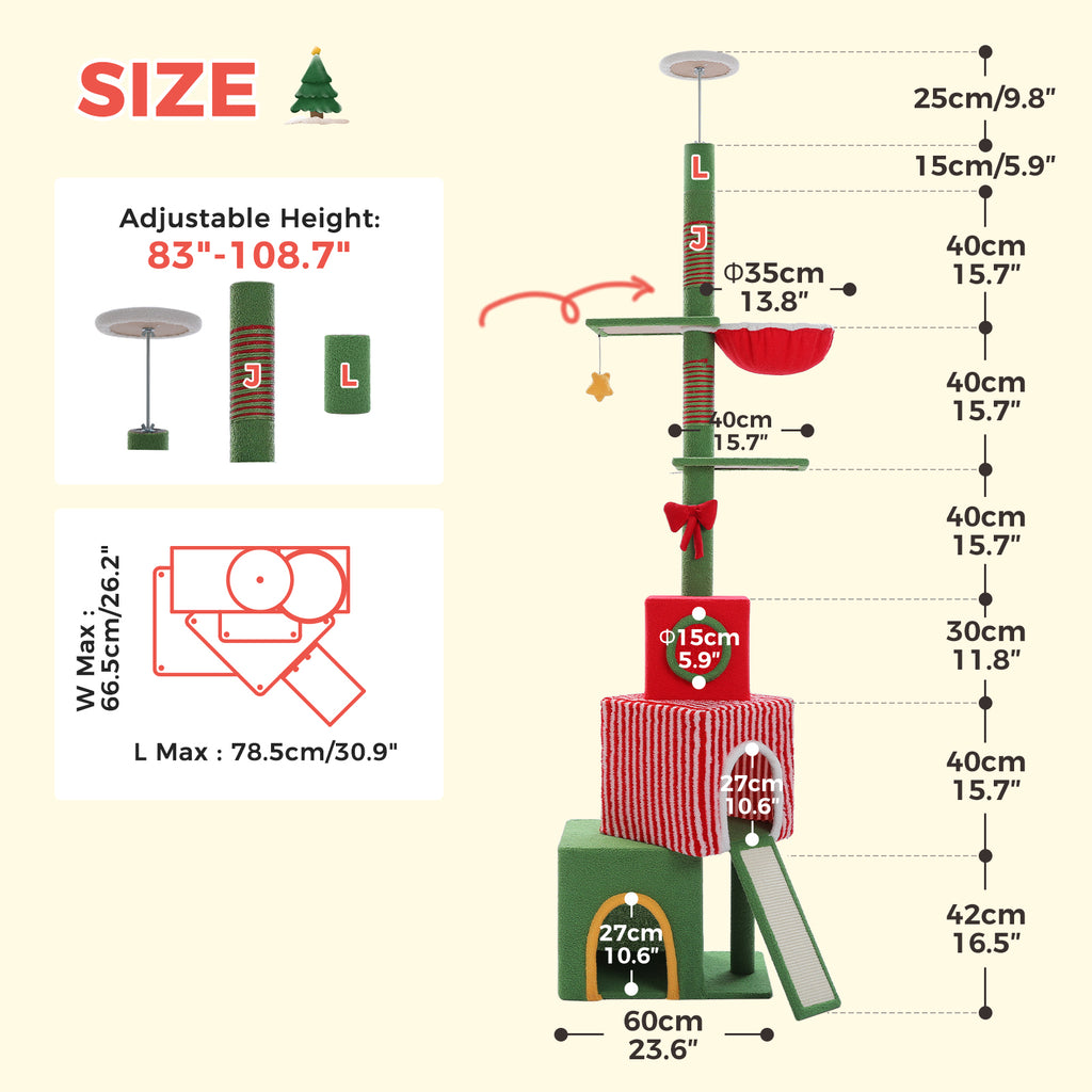 Dimension diagram of the adjustable 3-condo cat tree, 83 to 108.7 inch range and base footprint view