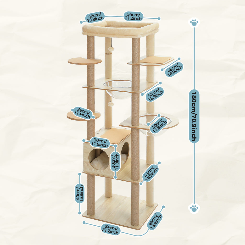 Dimension diagram of wood-finish 180cm cat tree with blue cm and inch labels, clear bowls, cubby condo and top perch