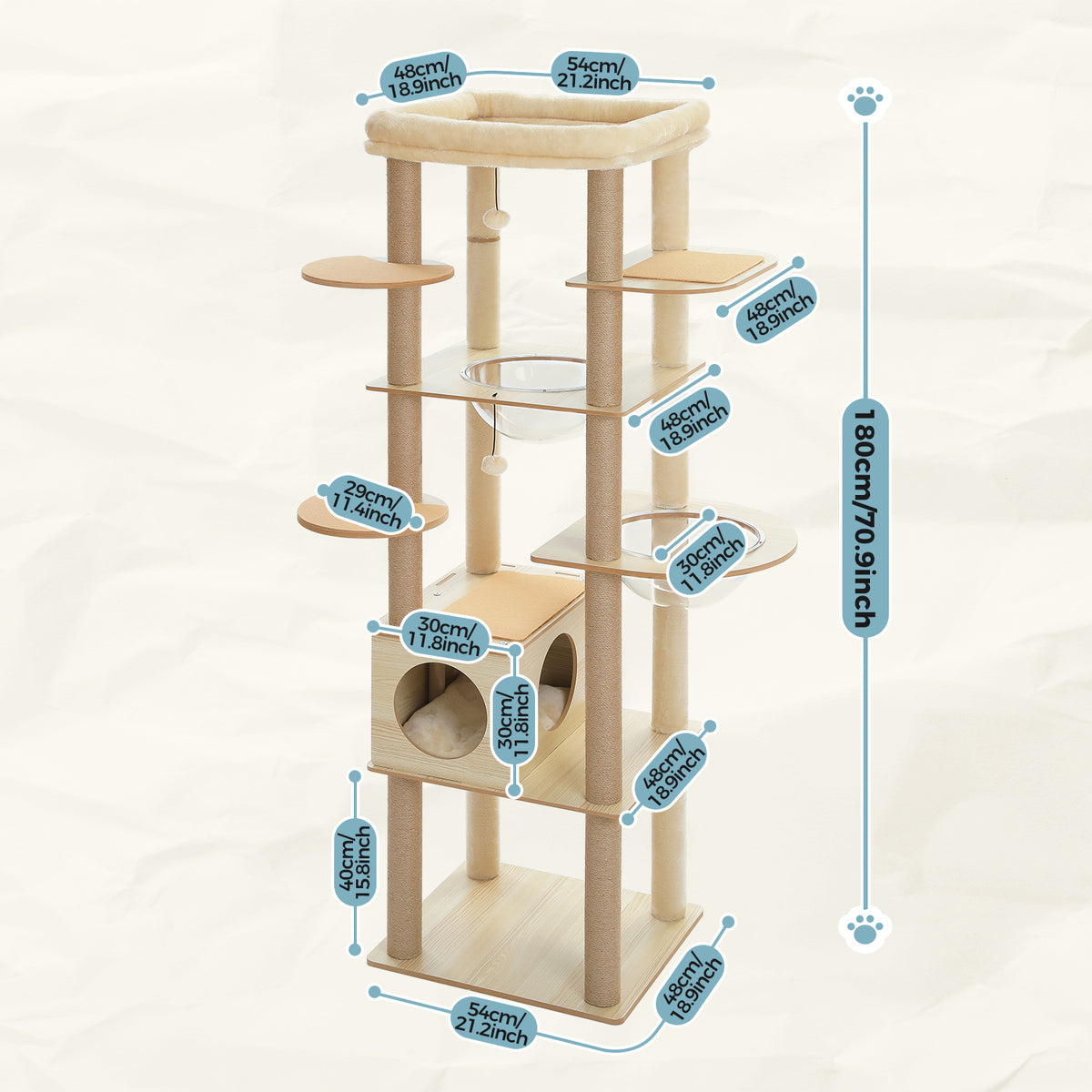 Dimension diagram of wood-finish 180cm cat tree with blue cm and inch labels, clear bowls, cubby condo and top perch