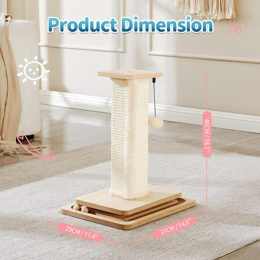 Size diagram of a cream sisal cat scratching tower on a wood base with track balls, pink labels reading 46 cm high