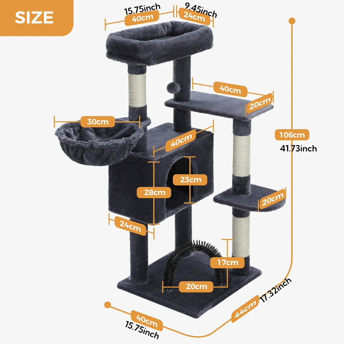 Grey Compact cat tree with grooming arch, condo and basket hammock cut out on white with orange SIZE dimension labels