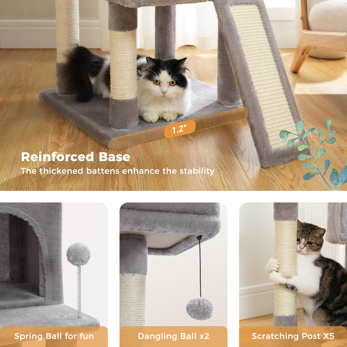 Reinforced base infographic of the 164cm cat tree, black and white cat on the platform with toy and scratching labels