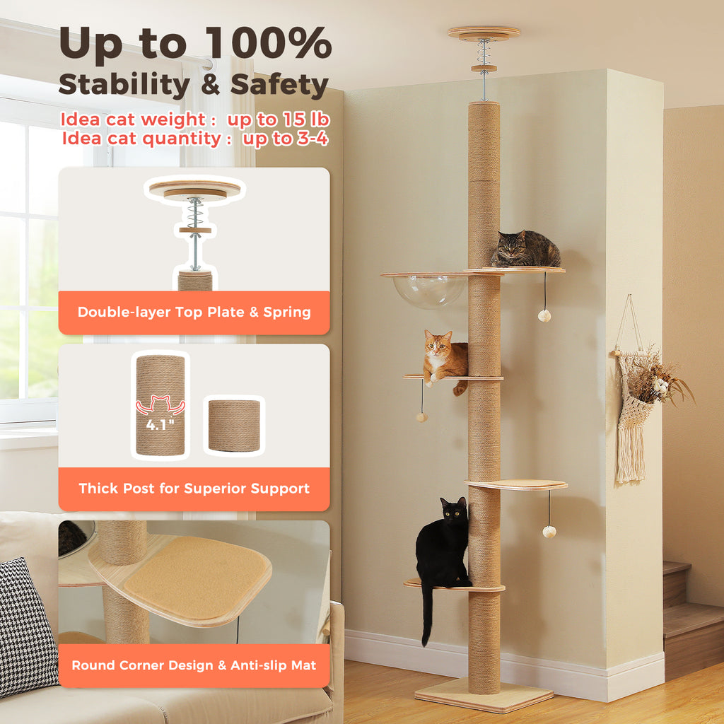 Infographic of beige floor-to-ceiling cat tree claiming 100 percent stability, three cats lounging on wood platforms