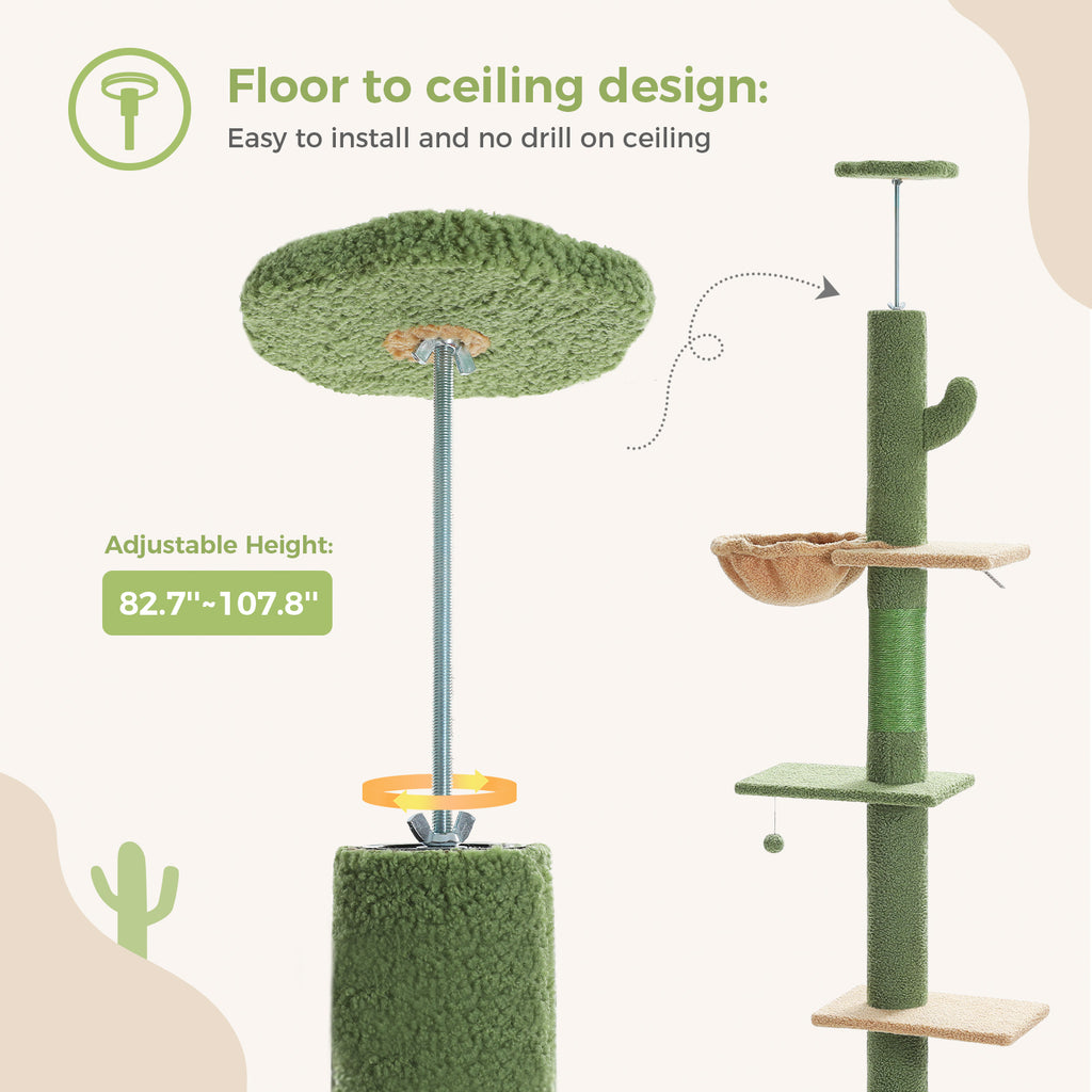 Installation graphic of the floor-to-ceiling cactus tree with tension-rod close-up, text no drill on ceiling