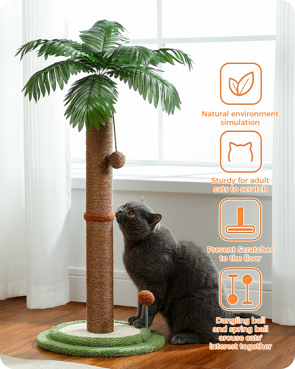 Feature graphic of the palm tree post highlighting natural environment simulation and sturdy scratching for adult cats