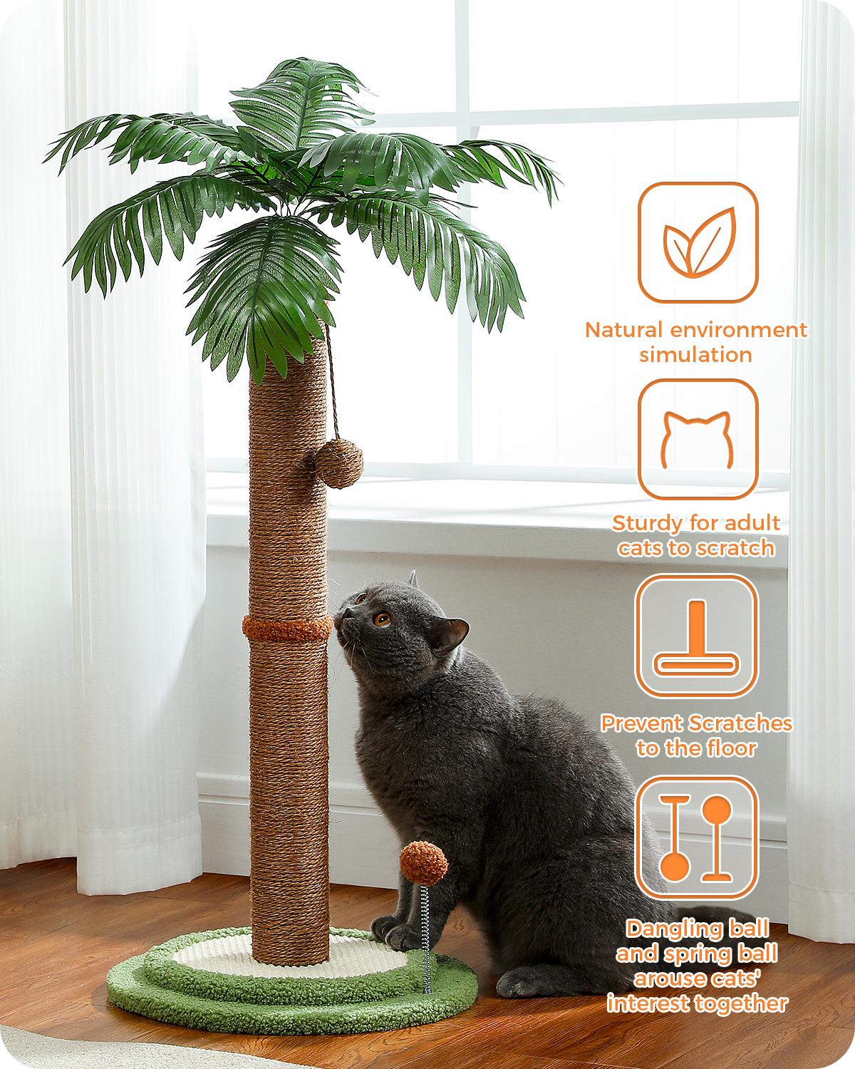 Feature graphic of the palm tree post highlighting natural environment simulation and sturdy scratching for adult cats