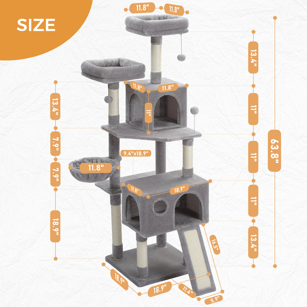 Size diagram of the 164cm grey cat tree with inch measurements for the condos, hammock, ramp and twin top perches