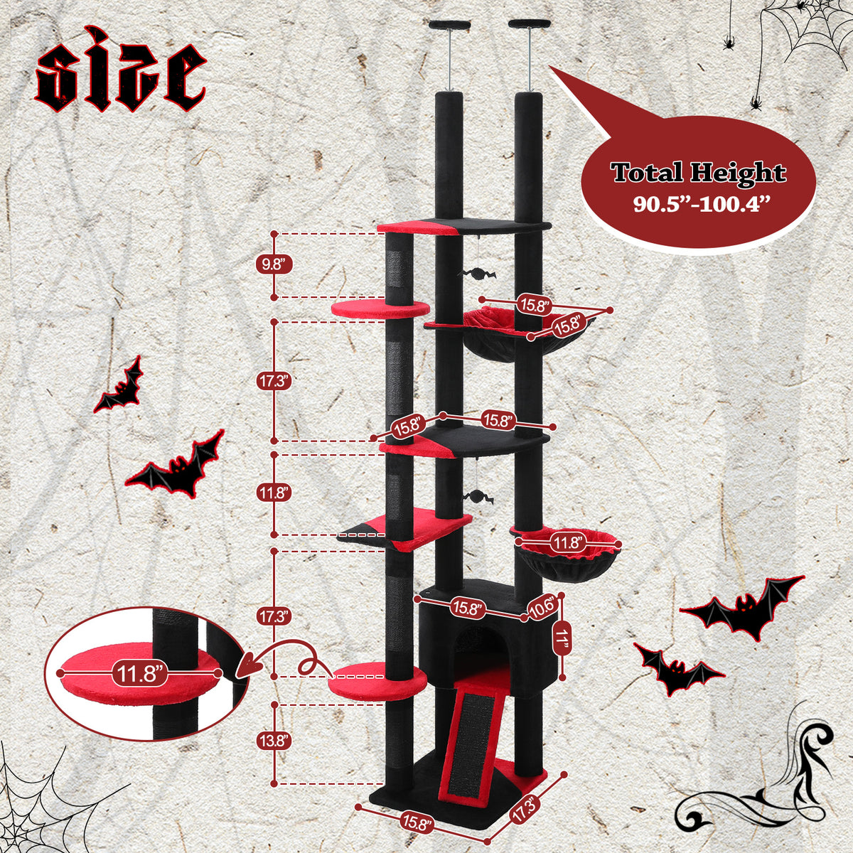Black and red gothic Sky-High cat tree with bat and web graphics and a 90.5 to 100.4 inch total height diagram