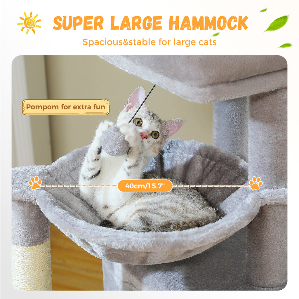 White tabby kitten playing with a pompom in the large plush hammock under a promo banner reading Super Large Hammock
