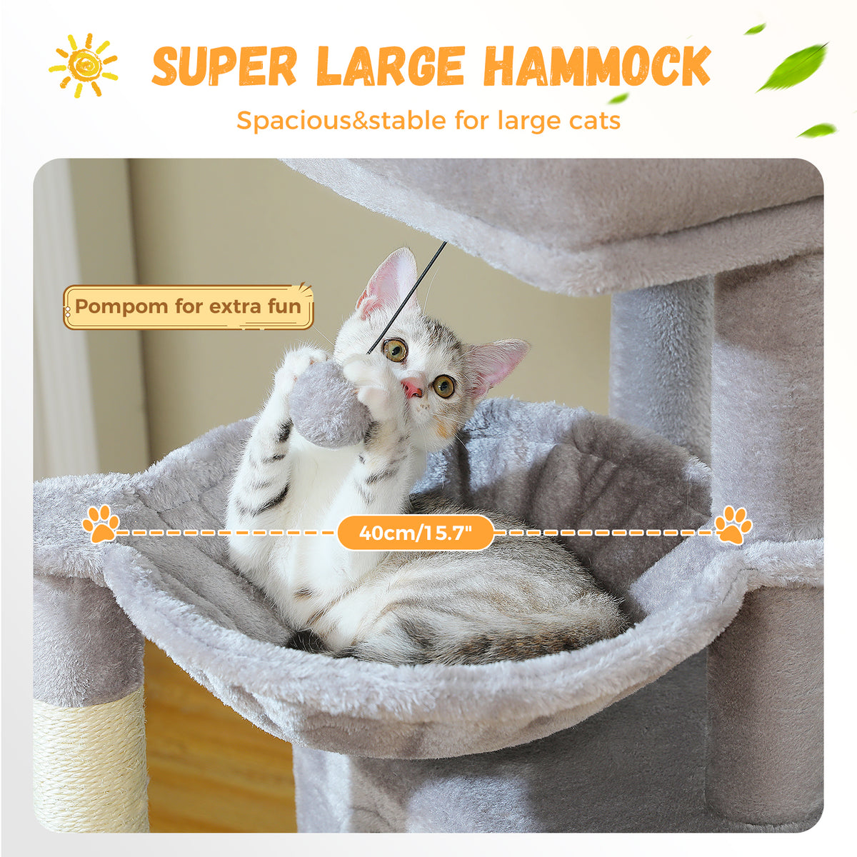 White tabby kitten playing with a pompom in the large plush hammock under a promo banner reading Super Large Hammock