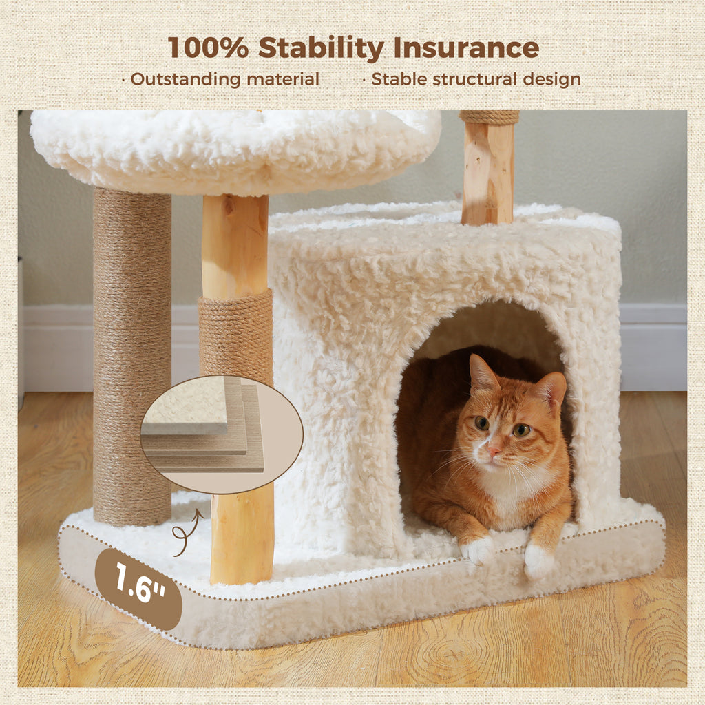 Stability infographic of the natural wood cat tree claiming 100 percent insurance, 1.6 inch thickened base