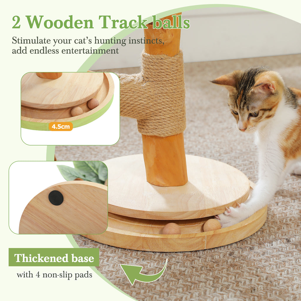 Infographic of palm tree post base with two wooden track balls, calico kitten reaching in, non-slip pads