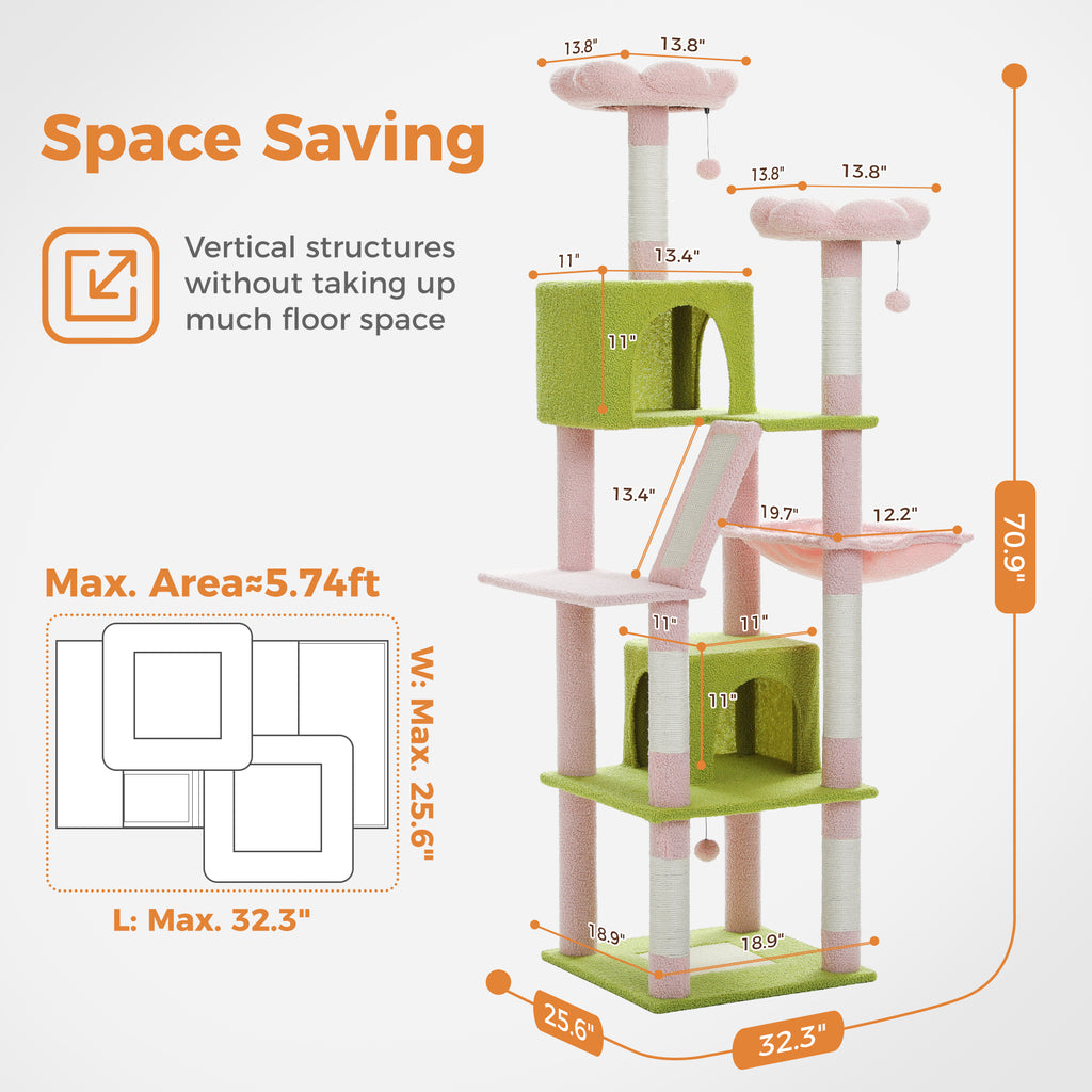 Space-saving infographic of sage-green and pink 180cm cat tree with flower perches, two condos, hammock and sisal ramp