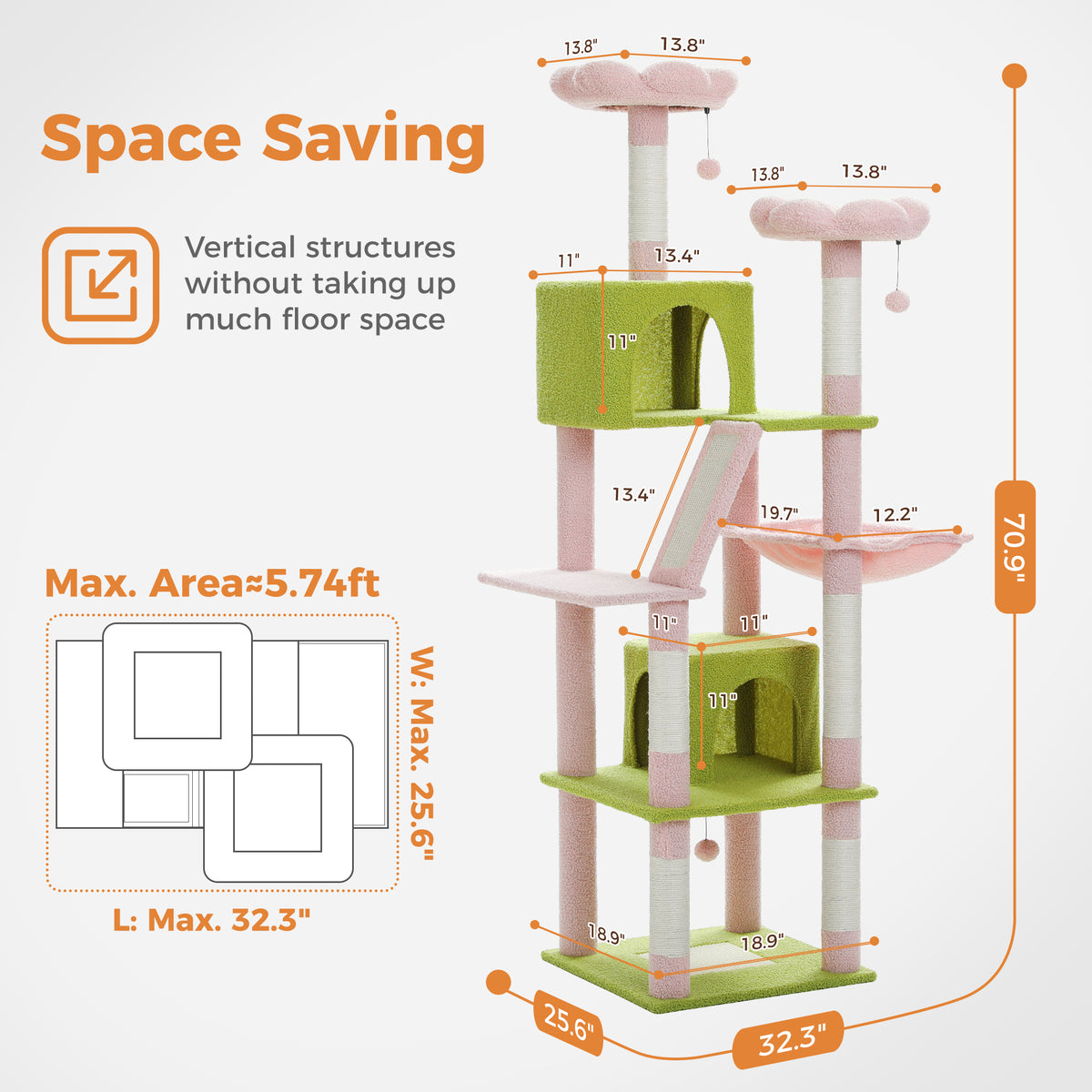 Space-saving infographic of sage-green and pink 180cm cat tree with flower perches, two condos, hammock and sisal ramp