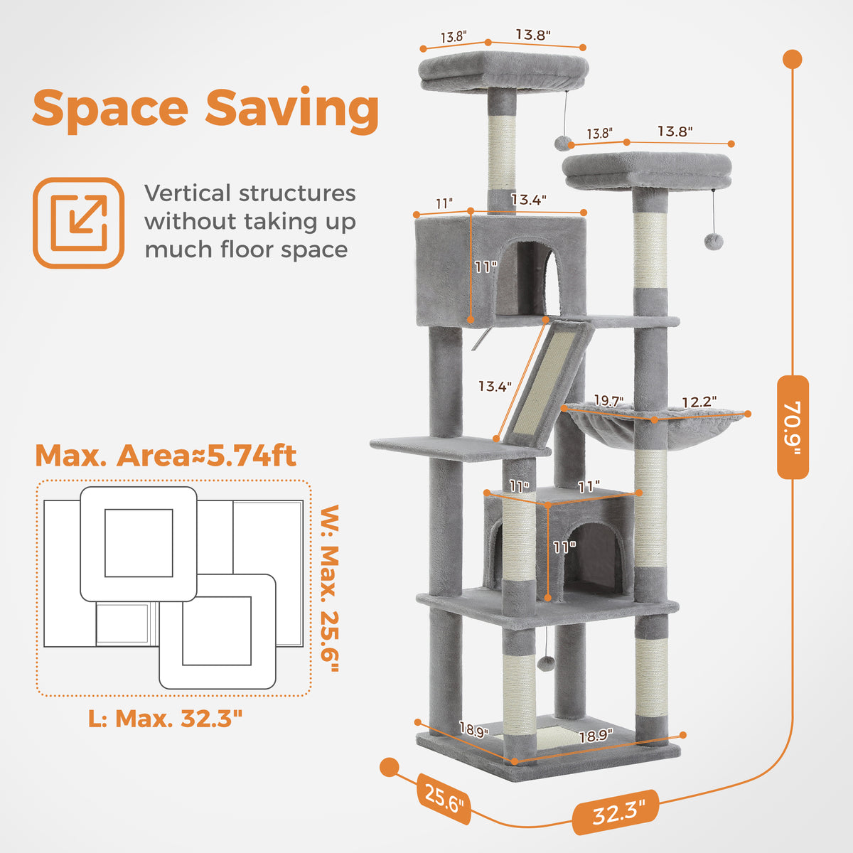 Space-saving dimension infographic of grey 180cm cat tree with footprint plan, two condos, hammock and ramp, no cats
