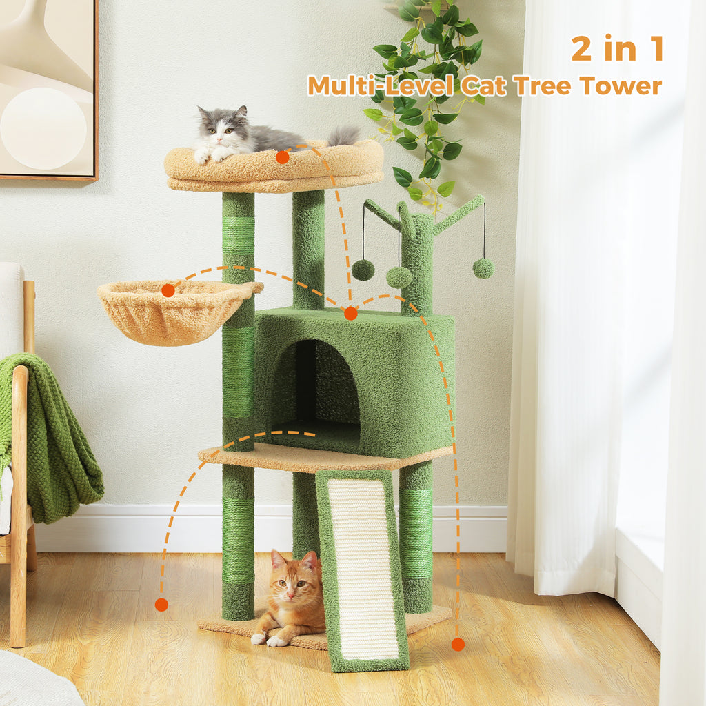 Green and beige 105cm cat tree with orange route dots in a living room, grey cat perching, caption 2 in 1
