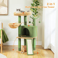 Green and beige 105cm cat tree with orange route dots in a living room, grey cat perching, caption 2 in 1