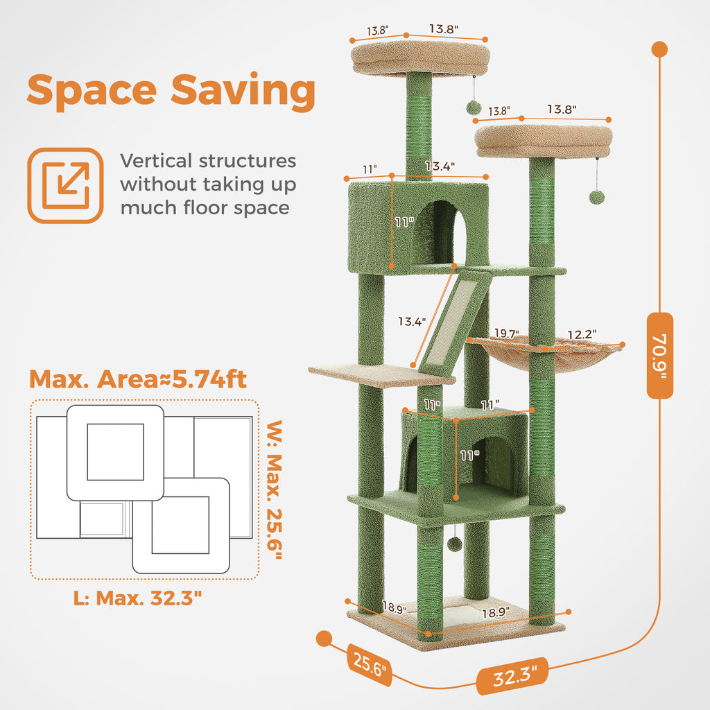 Space-saving infographic of green and beige 180cm cat tree, round top perches, two condos, hammock, sisal ramp, no cats