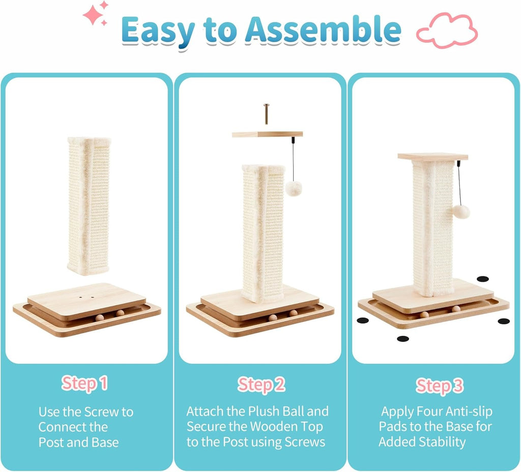 Three-step assembly diagram showing how to screw the sisal post, wooden top and anti-slip pads onto the square base
