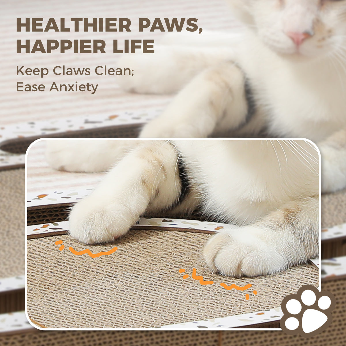 White and ginger cat lounging on a cardboard scratching pad beside a close-up inset of paws kneading the surface