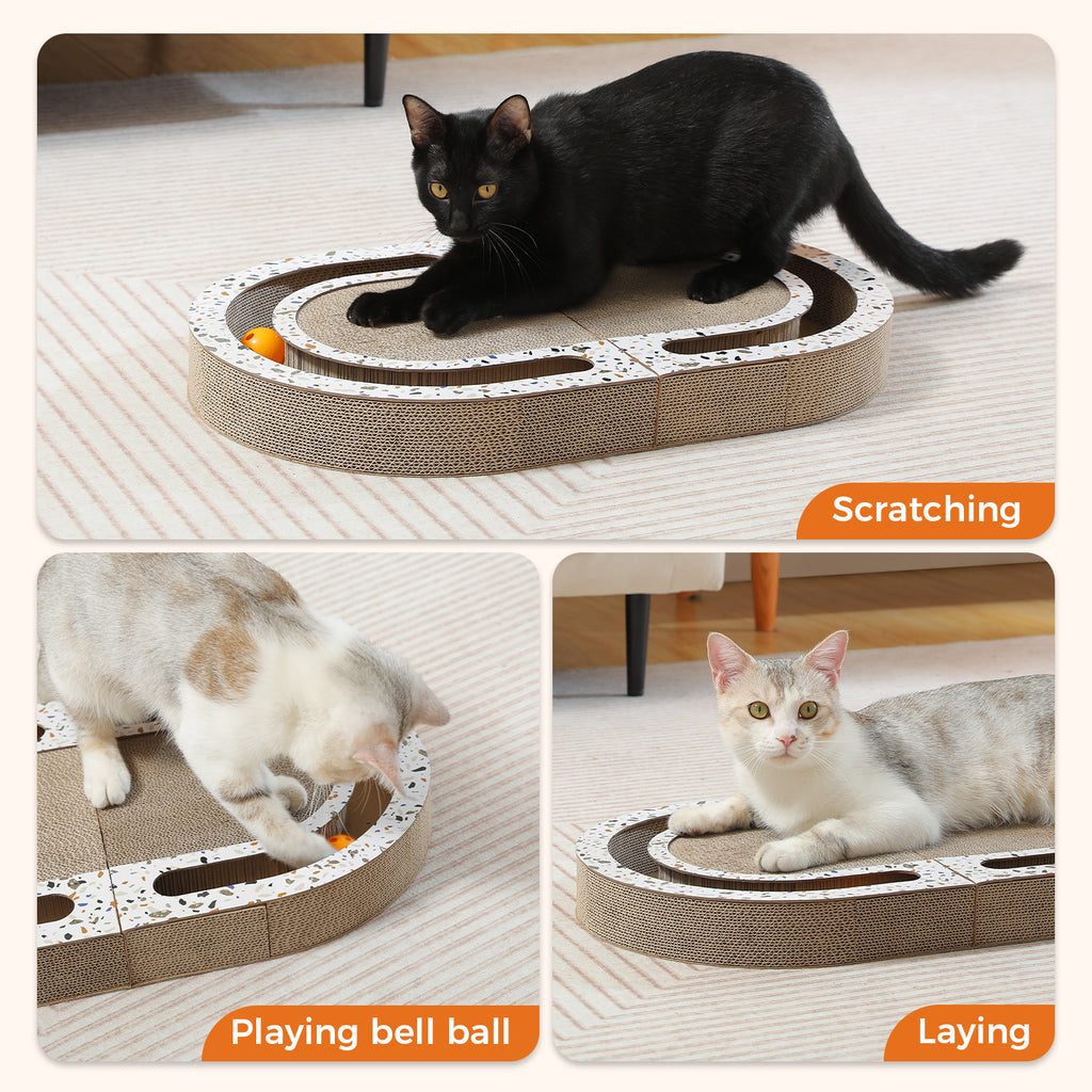 Triptych labeled Scratching, Playing bell ball and Laying showing cats clawing the pad, batting the ball and resting