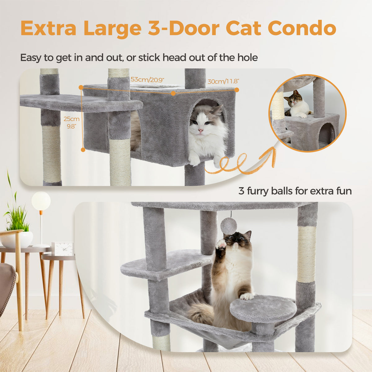 Grey cat tree graphic highlighting an extra-large three-door condo, three cats and hanging ball toys