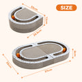 Size chart of a foldable cardboard cat scratcher shown folded into a D-shape and unfolded as a 57 by 35 cm oval pad