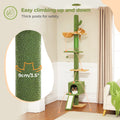 Cactus cat tree with dashed climbing route and 9cm thick-post callout, orange tabby resting on the top platform