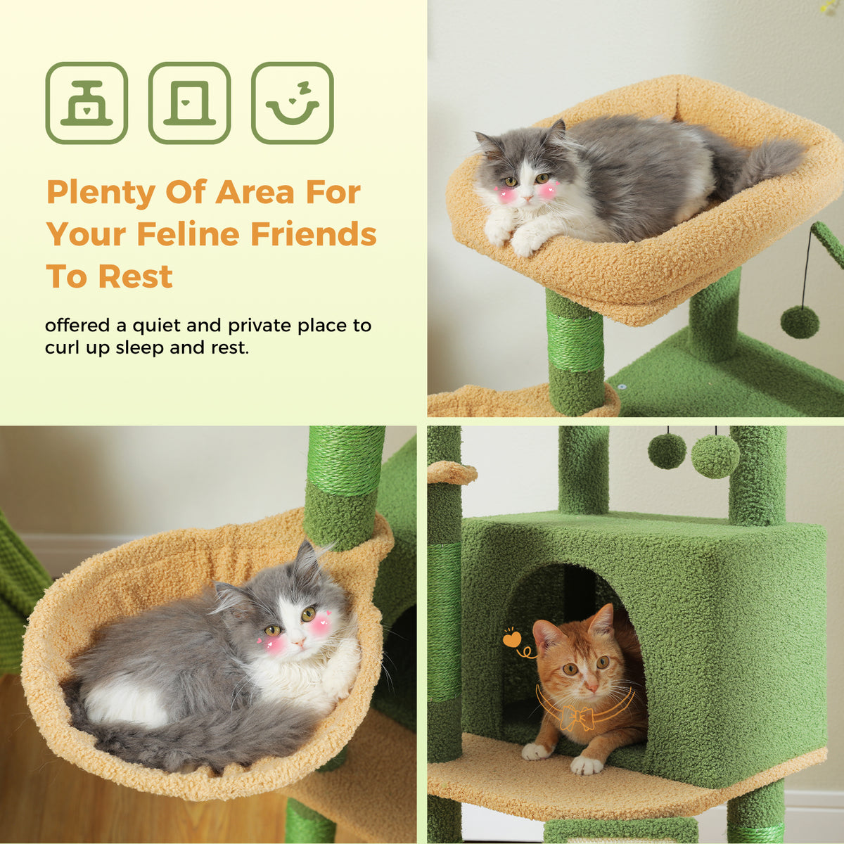 Feature collage of the green cat tree with cats on perch and hammock, text Plenty Of Area For Feline Friends