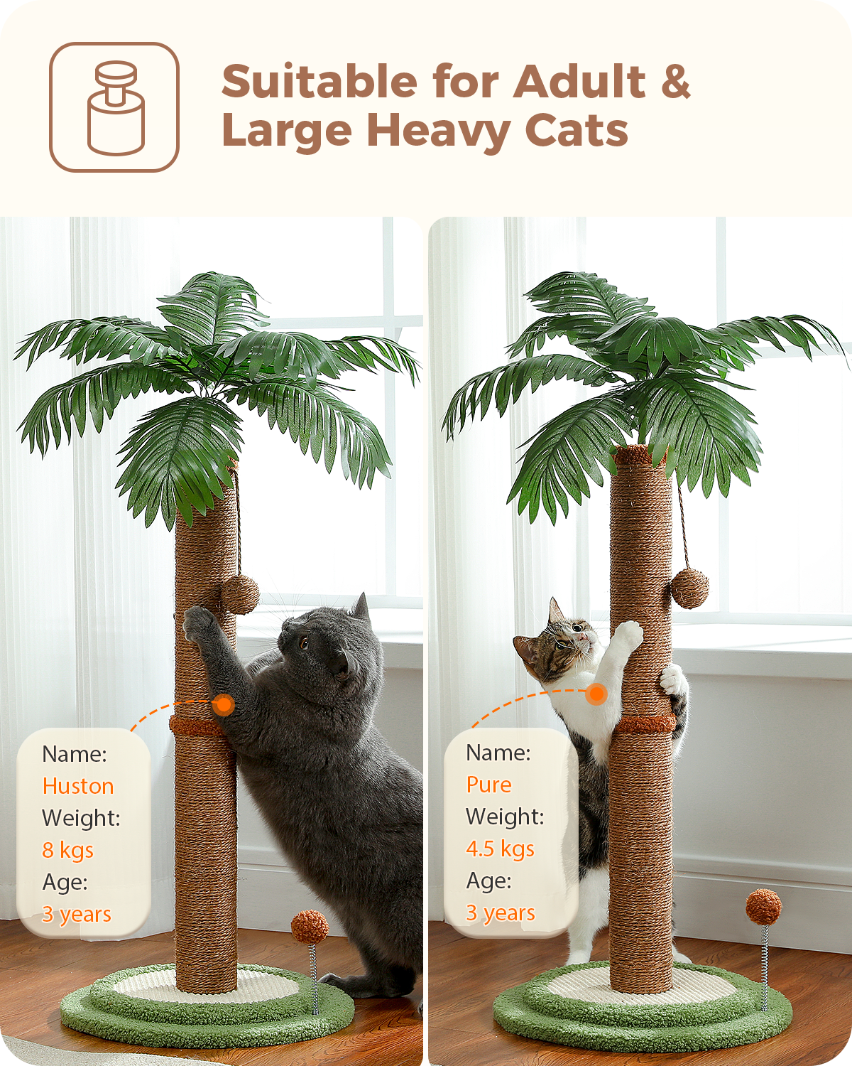 Suitability graphic of the palm tree post with 8kg and 4.5kg cats scratching, labeled suitable for adult heavy cats
