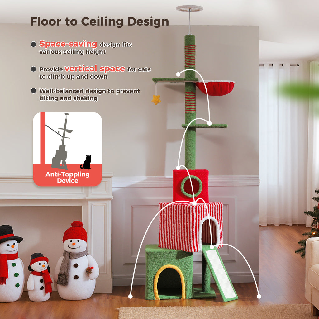 3D render of the festive floor-to-ceiling cat tree with anti-toppling device inset and climbing path lines