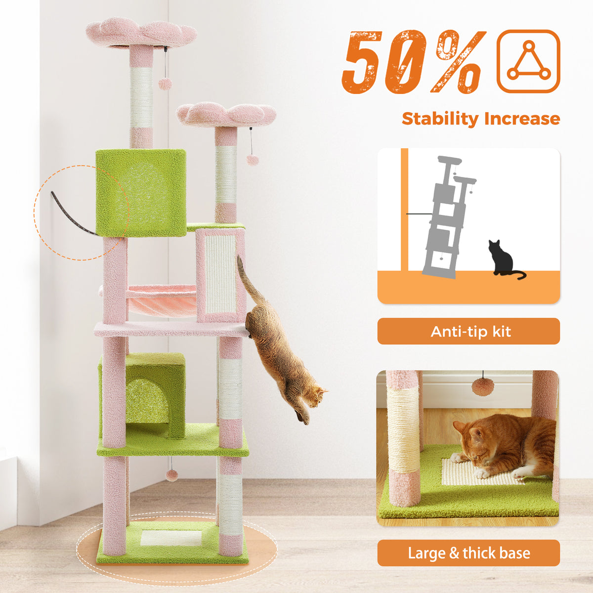 Stability feature graphic of pink and green 180cm cat tree: anti-tip kit diagram and thick-base inset