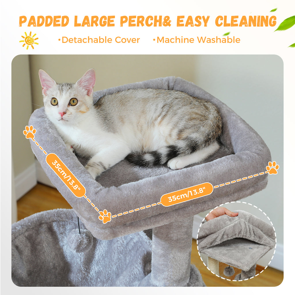 Grey tabby cat lounging on a padded top perch while an inset shows the detachable machine-washable cover being lifted