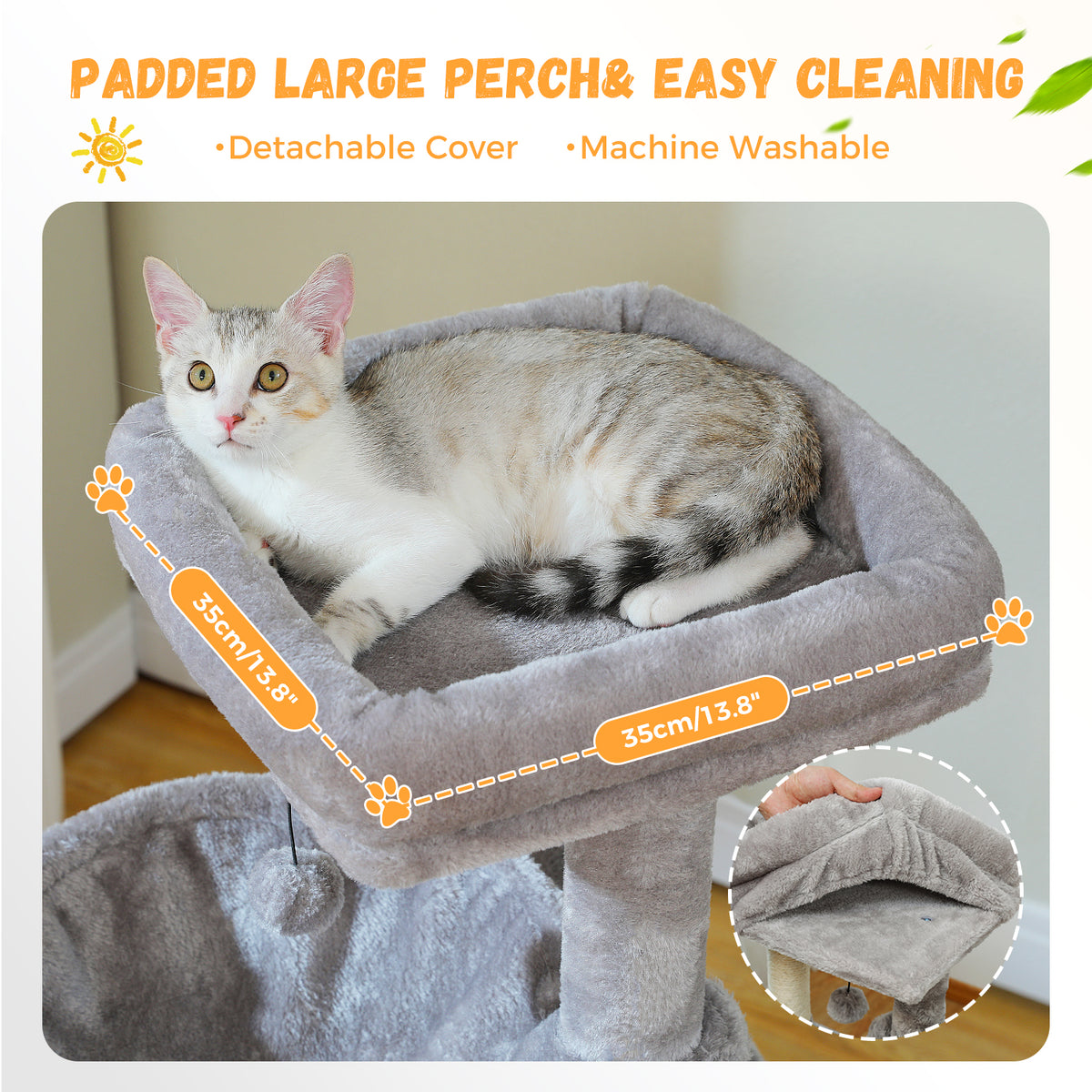 Grey tabby cat lounging on a padded top perch while an inset shows the detachable machine-washable cover being lifted