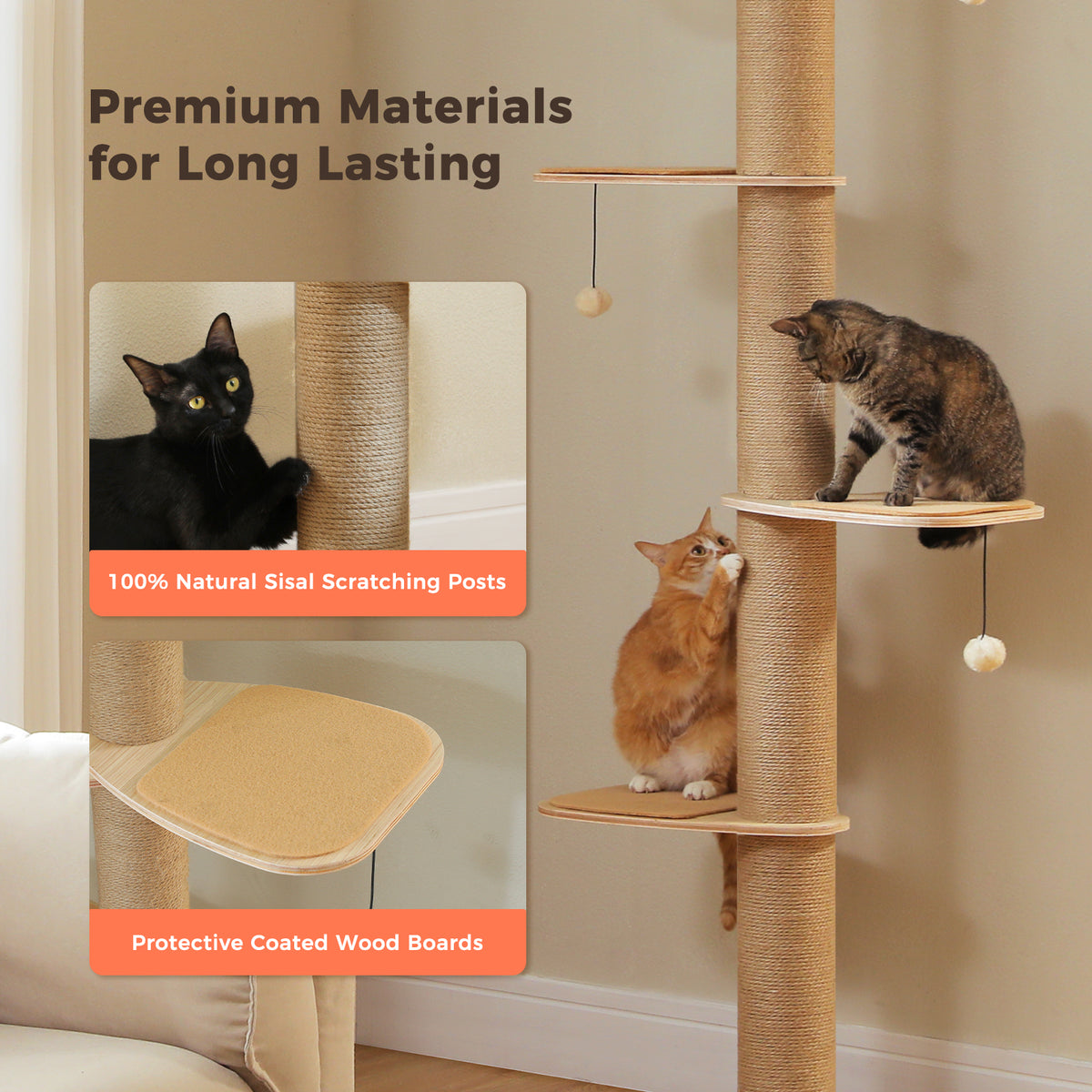 Materials infographic highlighting natural sisal posts and protective coated wood boards of the beige cat tree