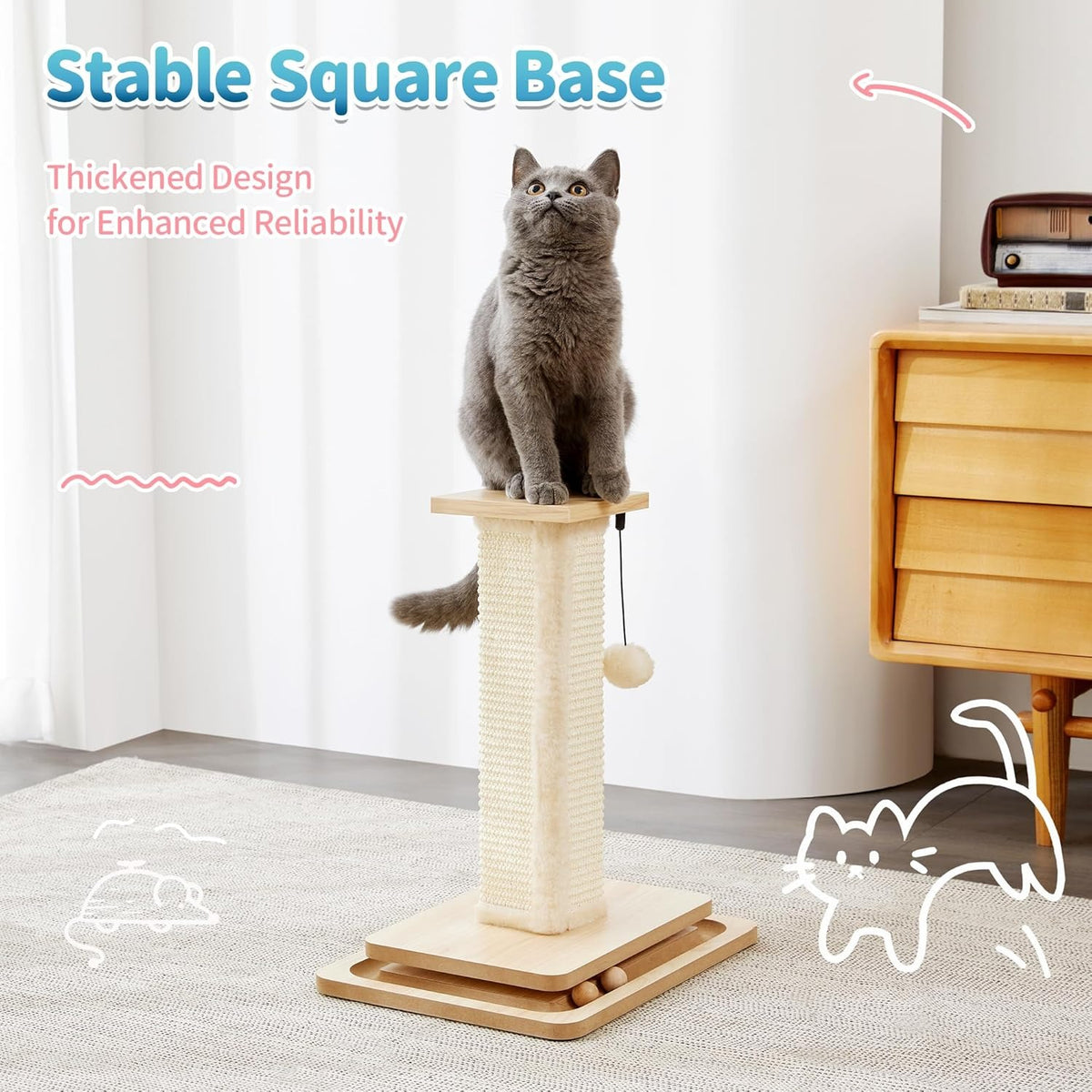 Grey cat perched on the square top platform of a sisal scratching post with ball track, Stable Square Base banner