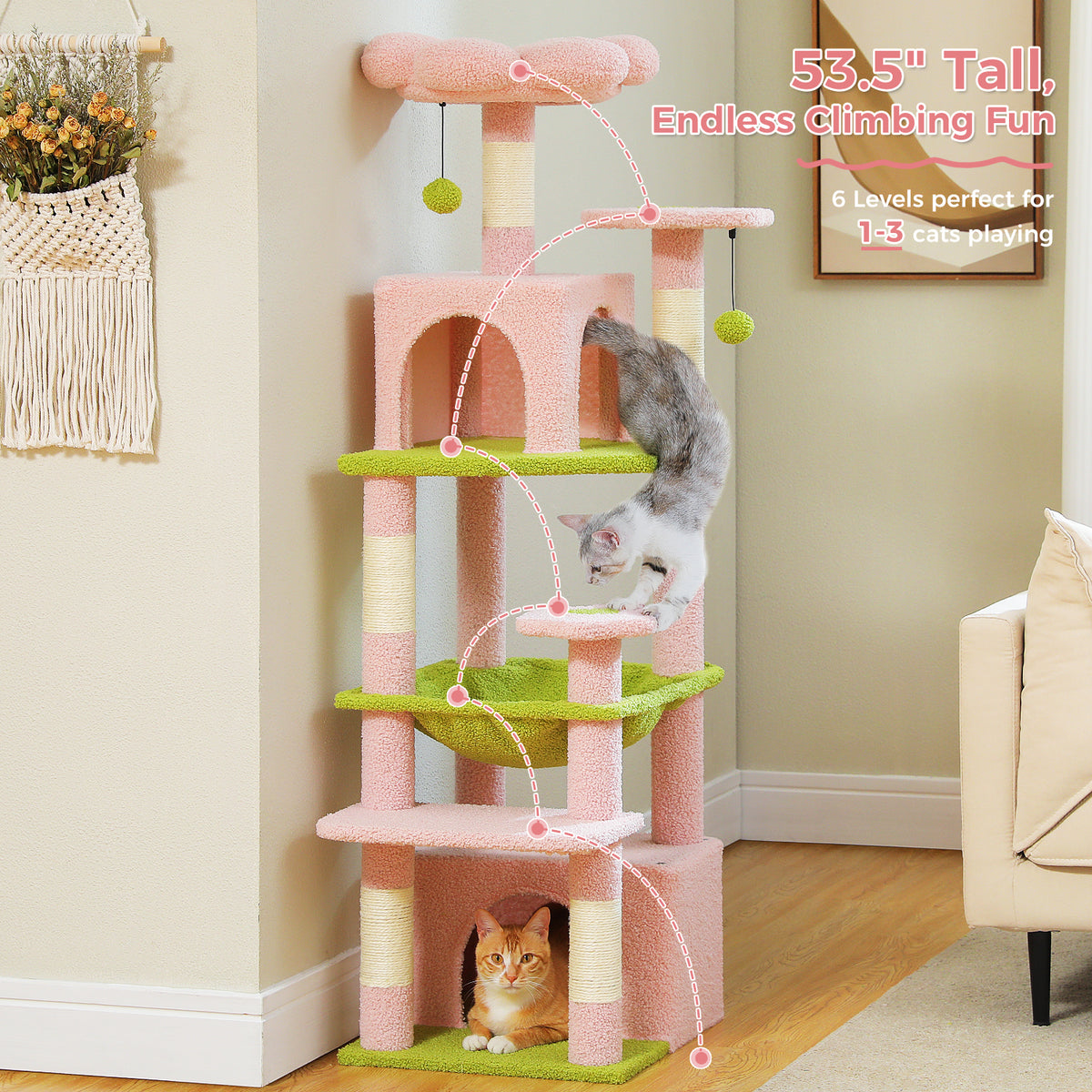 Pink and lime cat tree with flower perch, two condos and green hammock, two cats, tall-size and six-level text overlay