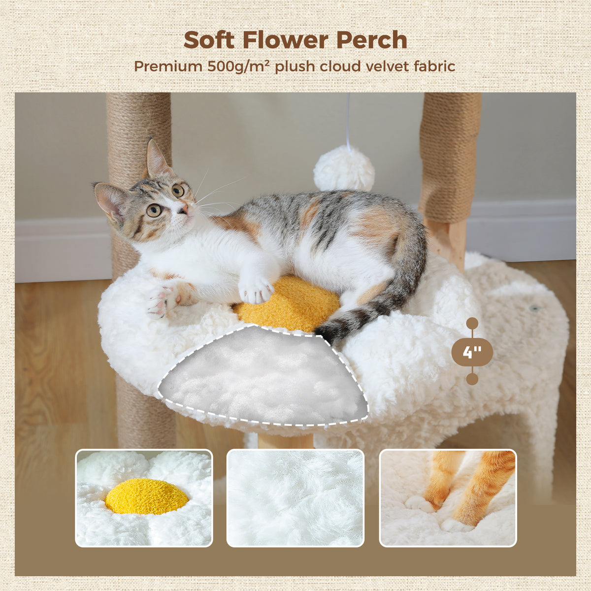 Daisy-shaped soft flower perch in plush cloud velvet on the wood cat tree, calico cat lounging