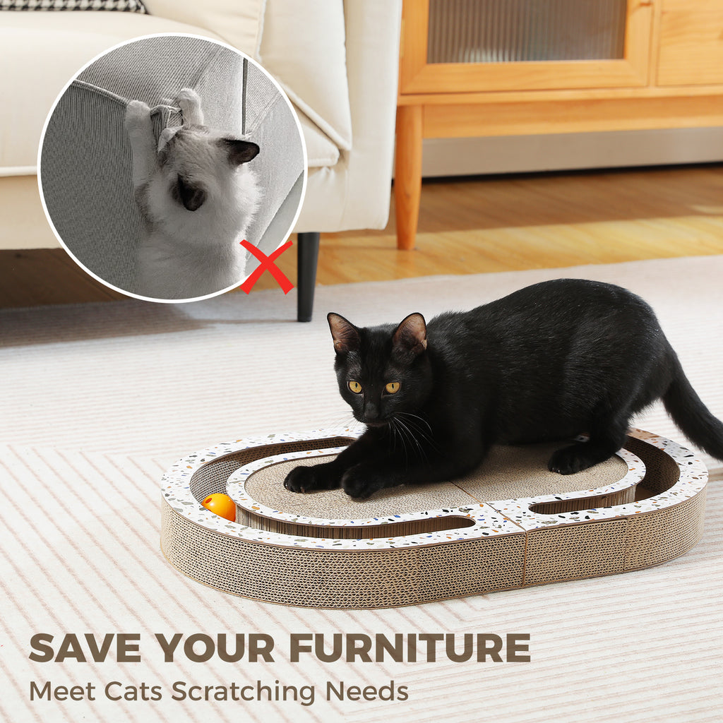 Black cat sitting on an oval cardboard scratcher while a red-crossed inset warns against cats scratching the sofa