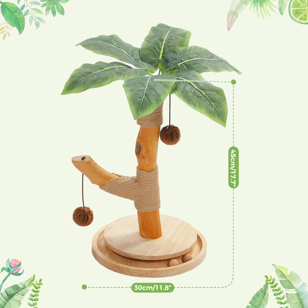 Dimension infographic of the palm tree scratching post, 45cm height and 30cm wide base, tropical frame
