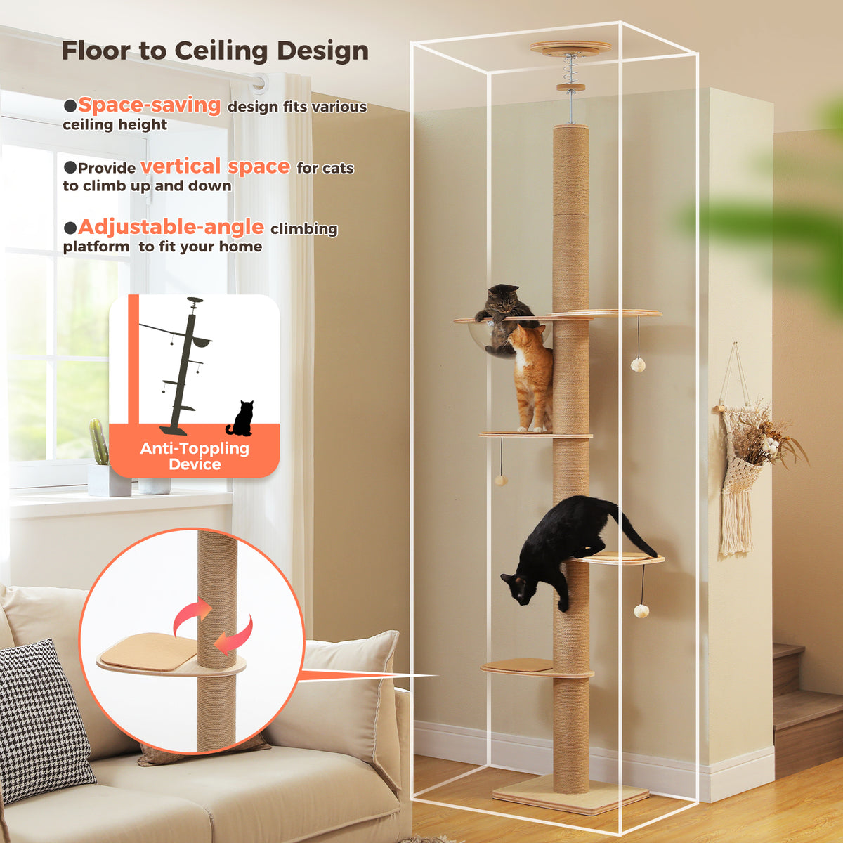 Beige cat tree infographic in a cozy living room, five tiers, three cats and anti-toppling device callout